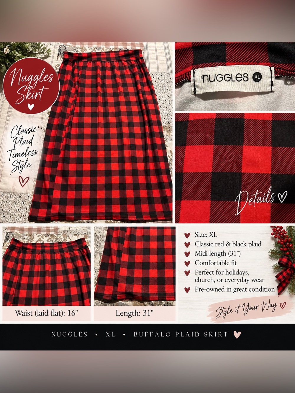 Nuggles XL Red & Black Buffalo Plaid Midi Skirt